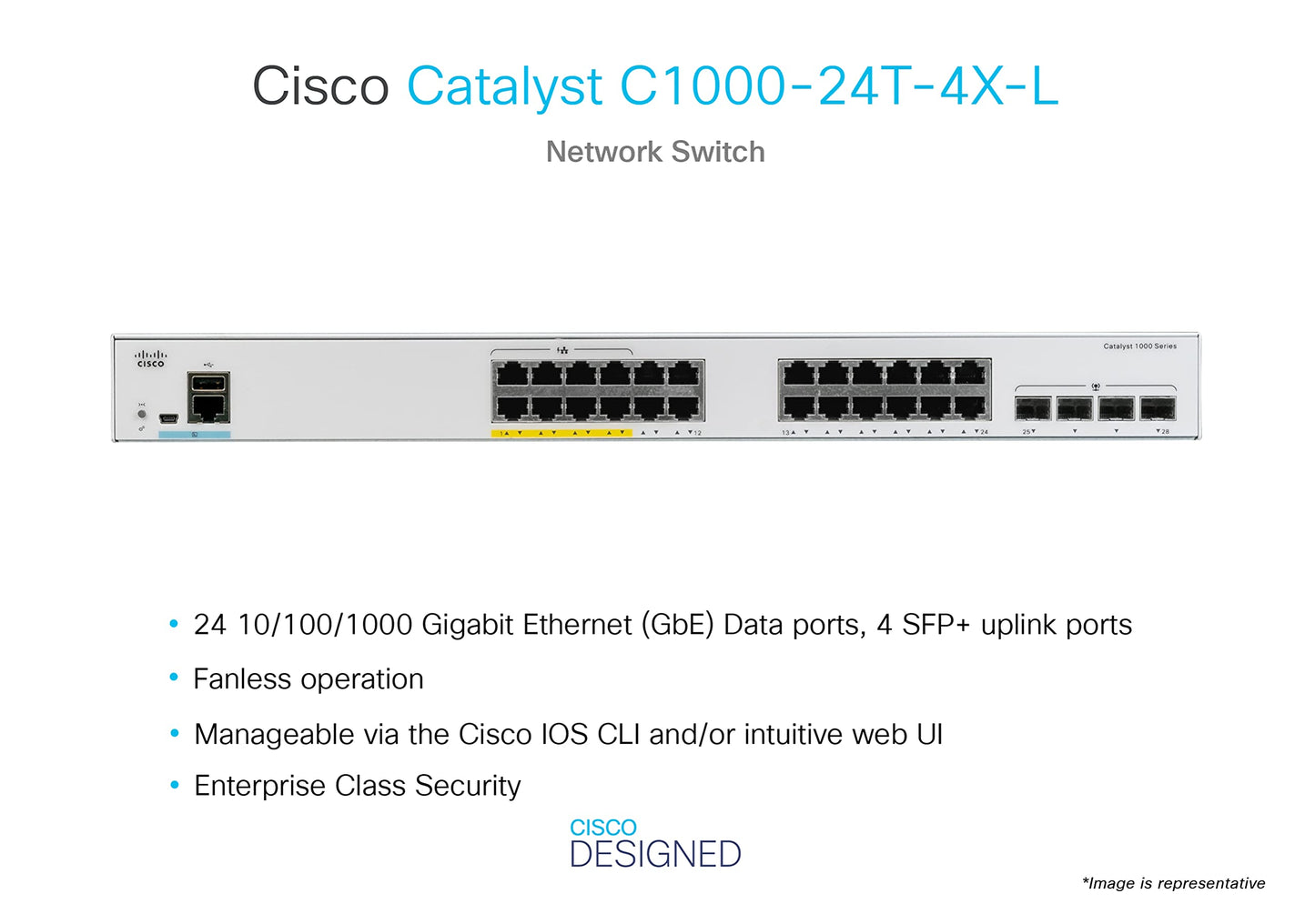 Cisco Catalyst 1000-24T-4X-L Network Switch, 24 Gigabit Ethernet Ports, 4 10G SFP+ Uplink Ports, Fanless Operation, Enhanced Limited (C1000-24T-4X-L)